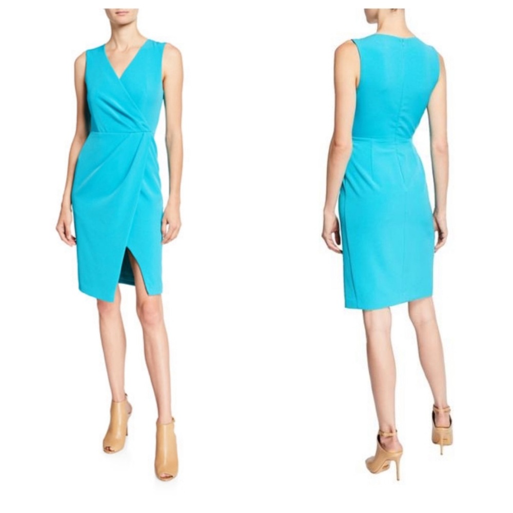 BLACK HALO Nora Teal Cyan Blue V Neck Sleeveless Sheath Faux Wrap Dress 4